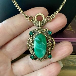 Vintage jade and emerald green stone pendant necklace